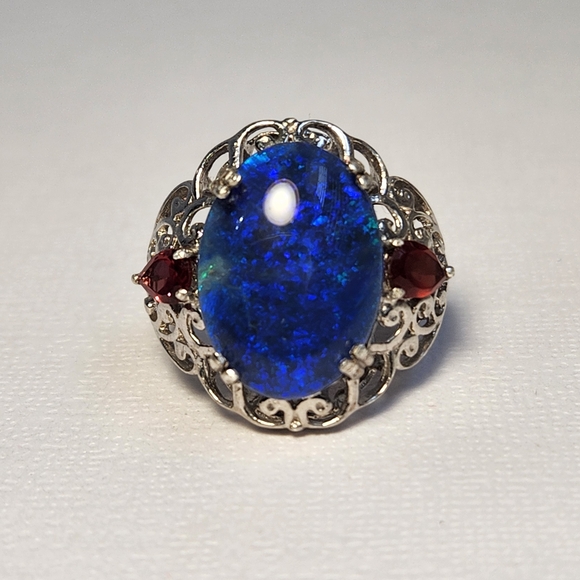 VTG 18x13mm *NOT Synthetic* Opal & Tourmaline Filigree 925 Ring Sz 7 - Picture 2 of 16
